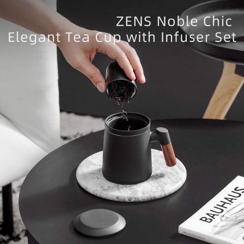  [아마존베스트]ZENS Tea Mug with Infuser,13.5 Ounce Stoneware Glazed Ceramic Tea Cup with Lid and Rosewood Handle for Steeping Loose Leaf Tea, Black
