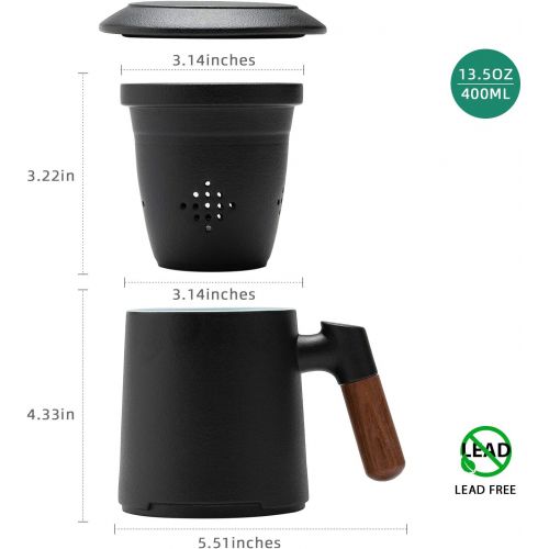  [아마존베스트]ZENS Tea Mug with Infuser,13.5 Ounce Stoneware Glazed Ceramic Tea Cup with Lid and Rosewood Handle for Steeping Loose Leaf Tea, Black