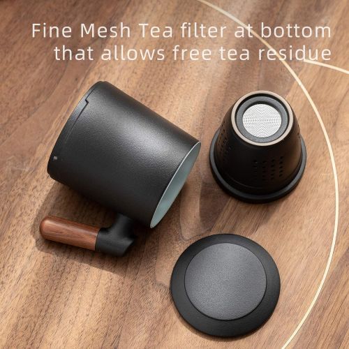  [아마존베스트]ZENS Tea Mug with Infuser,13.5 Ounce Stoneware Glazed Ceramic Tea Cup with Lid and Rosewood Handle for Steeping Loose Leaf Tea, Black