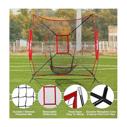  ZENY 7'×7' Baseball Softball Practice Net w/Strike Zone Hitting Batting Catching Pitching Training Net w/Carry Bag & Metal Bow Frame, Backstop Screen Baseball Equipment Training Aids