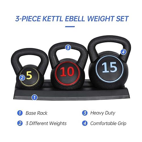  ZENY 3-Piece Kettlebell Set with Storage Rack Heavy Duty Concrete Kettle Bells 5 lbs 10 lbs 15 lbs for Weightlifting, Strength & Core Training Home Gym Equipment