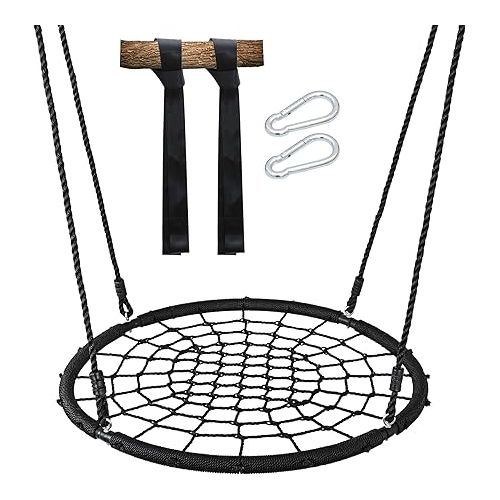  ZENY 40 Inch Spider Web Swing Tree Swing for Kids Round Swing Platform for Outdoor, Playground, Rope Swing for Tree or Swing Set, 2 Free Hanging Straps and Carabiners Black