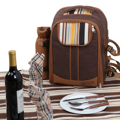  ZENY 4 Person Outdoor Premium Picnic Backpack Bag with Blanket  Woven Grey Waterproof Finish, Includes 17 Piece Dining Set and Insulated Cooler Compartment