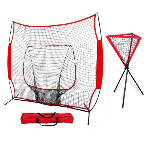  ZENY 7 x 7 Baseball Softball Practice Hitting Pitching Batting Net with Bow Frame,Carry Bag,Great for All Skill Levels + Foldable Ball Caddy