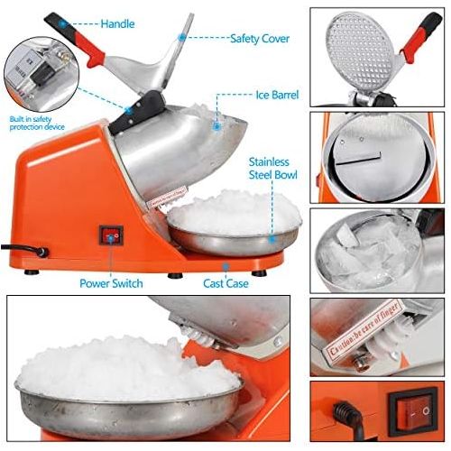  [아마존베스트]ZENY Ice Crushers Machine Electric Snow Cone Maker Stainless Steel Shaved Ice Machine 145lbs Per Hour (Orange)