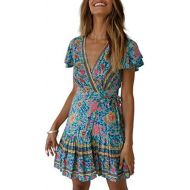 [아마존 핫딜]  [아마존핫딜]ZESICA Women’s Summer Wrap V Neck Bohemian Floral Print Ruffle Swing A Line Beach Mini Dress