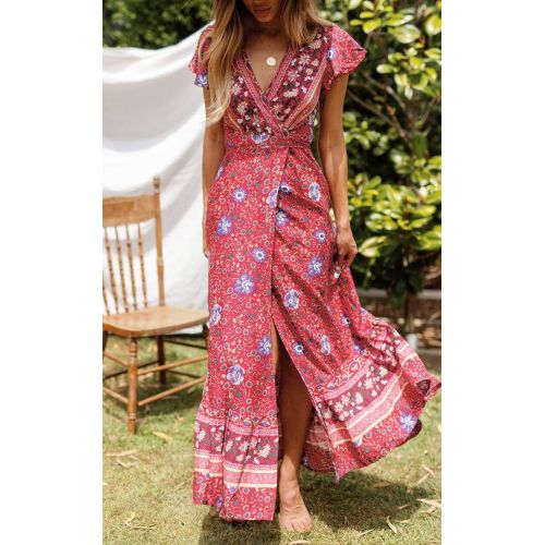  [아마존 핫딜]  [아마존핫딜]ZESICA Womens Bohemian Floral Printed Wrap V Neck Short Sleeve Split Beach Party Maxi Dress