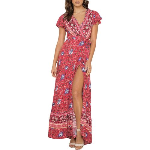  [아마존 핫딜]  [아마존핫딜]ZESICA Womens Bohemian Floral Printed Wrap V Neck Short Sleeve Split Beach Party Maxi Dress
