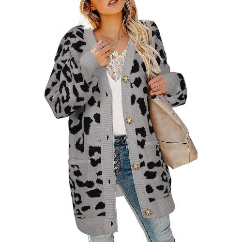  [아마존핫딜][아마존 핫딜] ZESICA Womens Long Sleeves Open Front Leopard Print Button Down Knitted Sweater Cardigan Coat Outwear with Pockets