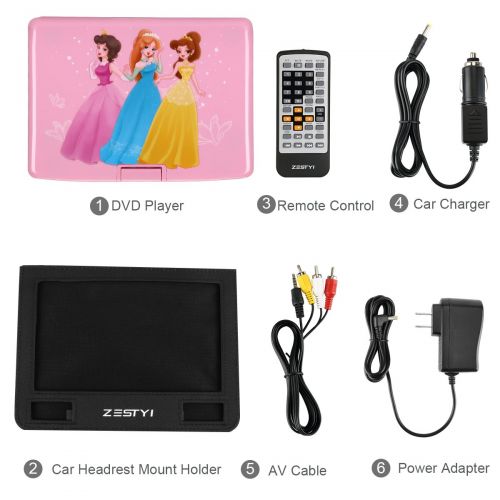  ZESTYI 9 Portable DVD Player for Kids with Car Headrest Mount Holder, Rechargeable Battery, Wall Charger, Car Charger, SD Card Slot, USB Port & Swivel Screen (Pink)