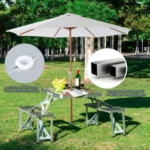  ZFF Folding Camping Table and Bench Set, Aluminium Portable Outdoor Pinci BBQ Garden,Hole for Parasol,Foldable Handle