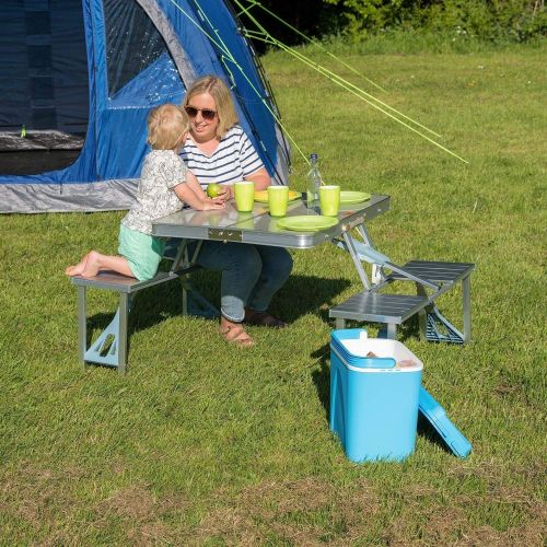  ZFF Folding Camping Table and Bench Set, Aluminium Portable Outdoor Pinci BBQ Garden,Hole for Parasol,Foldable Handle