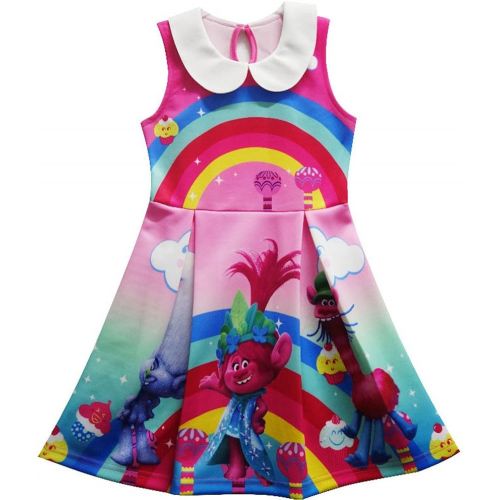  ZHBNN Trolls Little Girls Printed Princess Dress Cartoon Party Dress