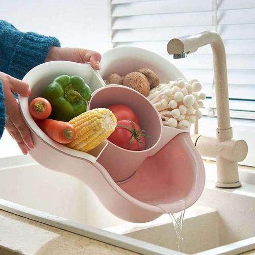  [아마존베스트]ZHONGLIAN Plastic Fruit Basket, Creative Triangle Hot Pot Assortment Drain,Double Plate Household Storage Basket, Detachable Set Washing bowl (Beige)