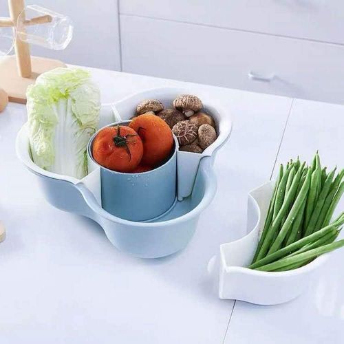  [아마존베스트]ZHONGLIAN Plastic Fruit Basket, Creative Triangle Hot Pot Assortment Drain,Double Plate Household Storage Basket, Detachable Set Washing bowl (Beige)