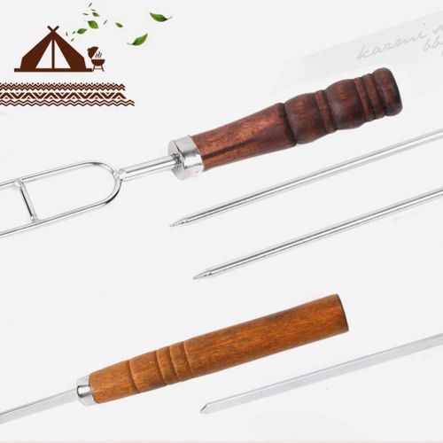  ZHYY 7Pcs Camping Portable Kitchen Safety Wooden Handle Barbecue Skewers Picnic Tools Needle Stainless Steel BBQ Fork Set Outdoor