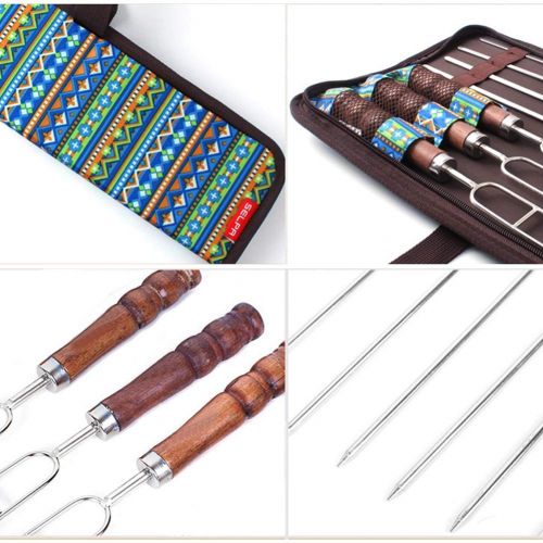  ZHYY 7Pcs Camping Portable Kitchen Safety Wooden Handle Barbecue Skewers Picnic Tools Needle Stainless Steel BBQ Fork Set Outdoor