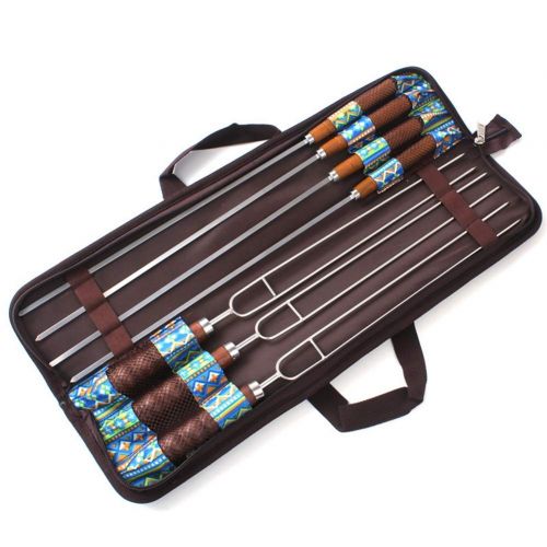  ZHYY 7Pcs Camping Portable Kitchen Safety Wooden Handle Barbecue Skewers Picnic Tools Needle Stainless Steel BBQ Fork Set Outdoor