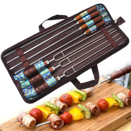  ZHYY 7Pcs Camping Portable Kitchen Safety Wooden Handle Barbecue Skewers Picnic Tools Needle Stainless Steel BBQ Fork Set Outdoor