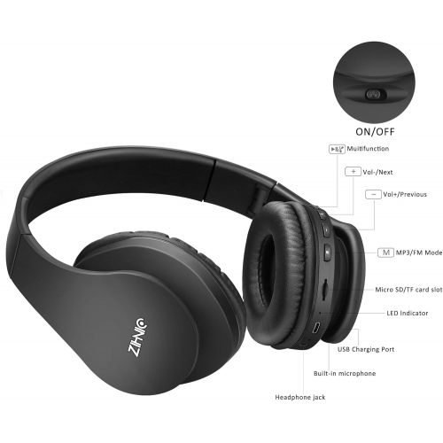  Bluetooth Headphones Over-Ear, Zihnic Foldable Wireless and Wired Stereo Headset Micro SD/TF, FM for Cell Phone,PC,Soft Earmuffs &Light Weight for Prolonged Wearing (Black)