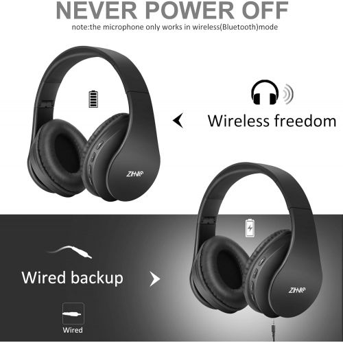  Bluetooth Headphones Over-Ear, Zihnic Foldable Wireless and Wired Stereo Headset Micro SD/TF, FM for Cell Phone,PC,Soft Earmuffs &Light Weight for Prolonged Wearing (Black)