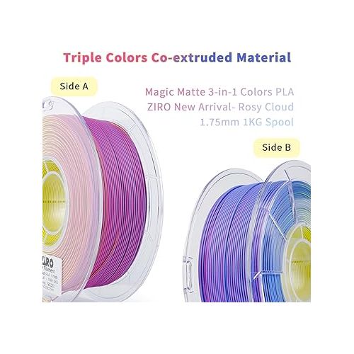  ZIRO PLA Filament Matte, Multicolors 3D Printer Filament, Tri-colors 3-in-1 Chrome Coextrusion, Magic Three-color PLA, Fit Most FDM 3D Printers,1KG/2.2lb Spool, Rosy Cloud (matte)
