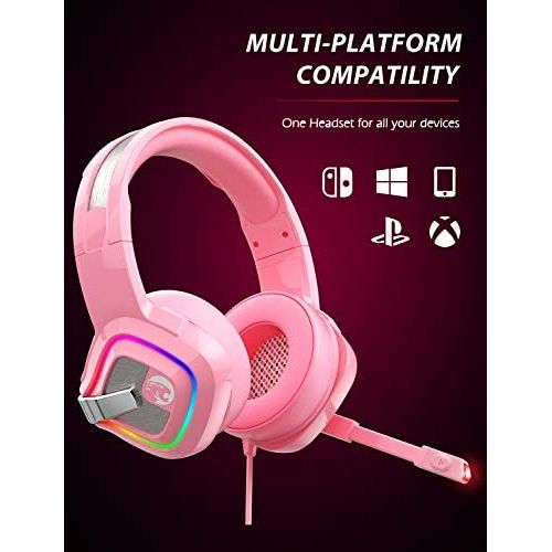  ZIUMIER Z66 Pink Gaming Headset for PS4, PS5, Xbox One, PC, Wired Over-Ear Headphone with Noise Isolation Microphone, LED RGB Light,Surround Sound