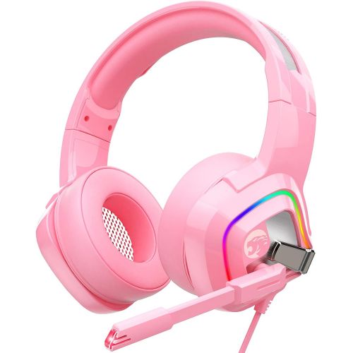  ZIUMIER Z66 Pink Gaming Headset for PS4, PS5, Xbox One, PC, Wired Over-Ear Headphone with Noise Isolation Microphone, LED RGB Light,Surround Sound