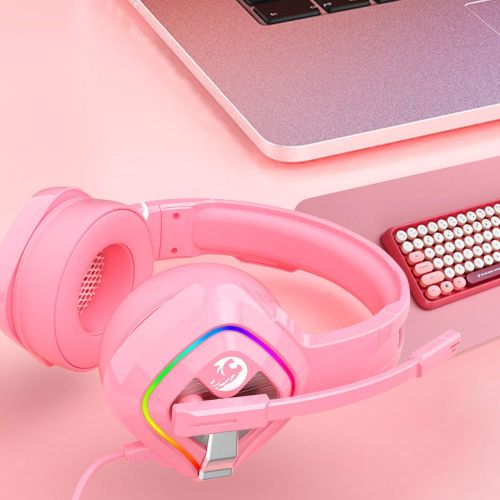  ZIUMIER Z66 Pink Gaming Headset for PS4, PS5, Xbox One, PC, Wired Over-Ear Headphone with Noise Isolation Microphone, LED RGB Light,Surround Sound