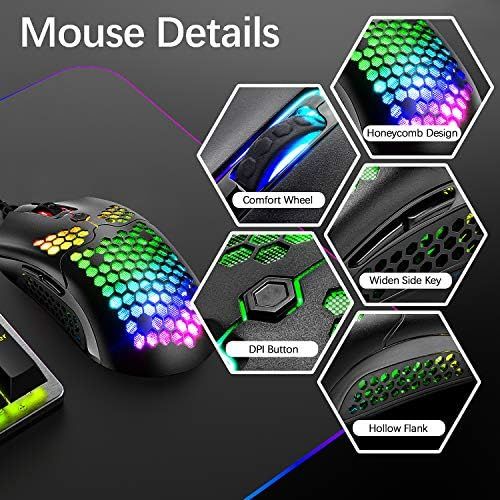  ZIYOU LANG Gaming Keyboard and Mouse,3 in 1 Gaming Set,Rainbow LED Backlit Wired Gaming Keyboard,RGB Backlit 12000 DPI Lightweight Gaming Mouse with Honeycomb Shell,Large Mouse Pad for PC Gam