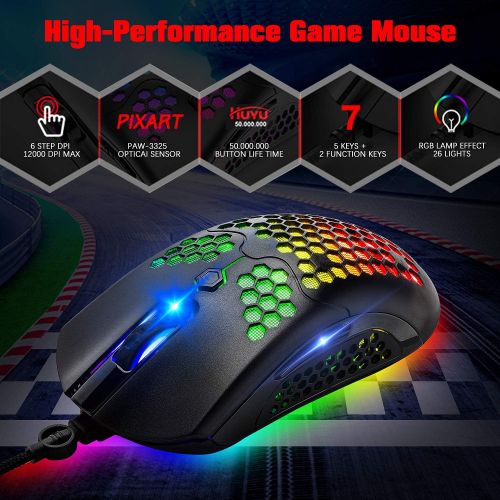  ZIYOU LANG Gaming Keyboard and Mouse,3 in 1 Gaming Set,Rainbow LED Backlit Wired Gaming Keyboard,RGB Backlit 12000 DPI Lightweight Gaming Mouse with Honeycomb Shell,Large Mouse Pad for PC Gam