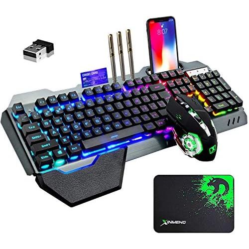  ZIYOU LANG Wireless Gaming Keyboard and Mouse with Rainbow LED 16RGB Backlit Rechargeable 4800mAh Battery Metal Panel Mechanical Ergonomic Feel Waterproof Dustproof 7 Color Mute Mice for Lapt