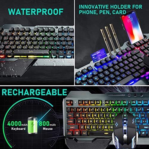  ZIYOU LANG Wireless Gaming Keyboard and Mouse with Rainbow LED 16RGB Backlit Rechargeable 4800mAh Battery Metal Panel Mechanical Ergonomic Feel Waterproof Dustproof 7 Color Mute Mice for Lapt