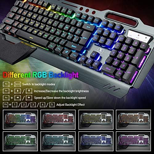  ZIYOU LANG Wireless Gaming Keyboard and Mouse with Rainbow LED 16RGB Backlit Rechargeable 4800mAh Battery Metal Panel Mechanical Ergonomic Feel Waterproof Dustproof 7 Color Mute Mice for Lapt