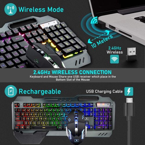  ZIYOU LANG Wireless Gaming Keyboard and Mouse with Rainbow LED 16RGB Backlit Rechargeable 4800mAh Battery Metal Panel Mechanical Ergonomic Feel Waterproof Dustproof 7 Color Mute Mice for Lapt