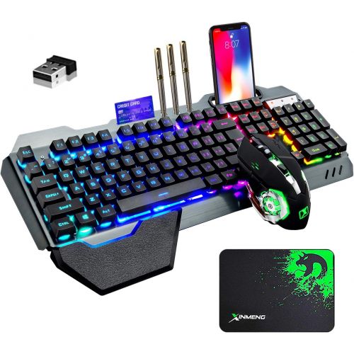  ZIYOU LANG Wireless Gaming Keyboard and Mouse with Rainbow LED 16RGB Backlit Rechargeable 4800mAh Battery Metal Panel Mechanical Ergonomic Feel Waterproof Dustproof 7 Color Mute Mice for Lapt