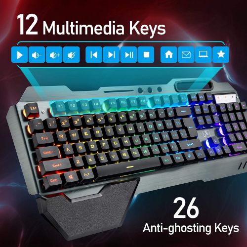  ZIYOU LANG Wireless Gaming Keyboard and Mouse with Rainbow LED 16RGB Backlit Rechargeable 4800mAh Battery Metal Panel Mechanical Ergonomic Feel Waterproof Dustproof 7 Color Mute Mice for Lapt