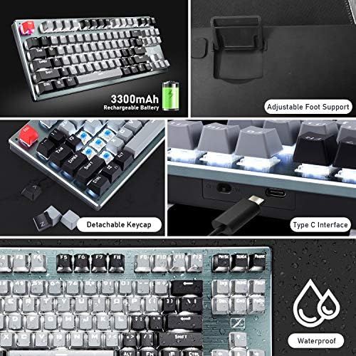  ZIYOU LANG Bluetooth Mechanical Gaming Keyboard with Led Backlit 87 Anti-Ghosting Key Blue Switch Ergonomic Metal Plate Wired/Wireless USB Receiver Rechargeable 3300mAh Battery for Laptop PC