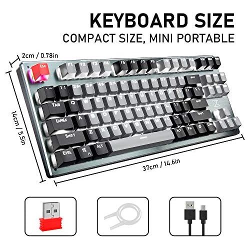  ZIYOU LANG Bluetooth Mechanical Gaming Keyboard with Led Backlit 87 Anti-Ghosting Key Blue Switch Ergonomic Metal Plate Wired/Wireless USB Receiver Rechargeable 3300mAh Battery for Laptop PC