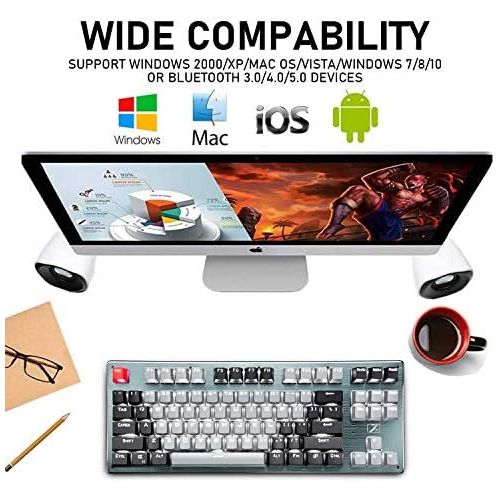  ZIYOU LANG Bluetooth Mechanical Gaming Keyboard with Led Backlit 87 Anti-Ghosting Key Blue Switch Ergonomic Metal Plate Wired/Wireless USB Receiver Rechargeable 3300mAh Battery for Laptop PC