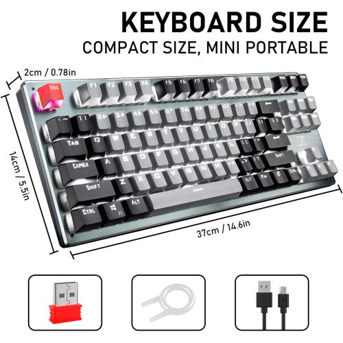  ZIYOU LANG Bluetooth Mechanical Gaming Keyboard with Led Backlit 87 Anti-Ghosting Key Blue Switch Ergonomic Metal Plate Wired/Wireless USB Receiver Rechargeable 3300mAh Battery for Laptop PC