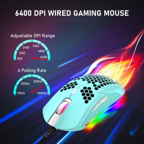  ZIYOU LANG Wired Lightweight Gaming Mouse,6 RGB Backlit Mouse with 7 Buttons Programmable Driver,6400DPI Computer Mouse,Ultralight Honeycomb Shell Ultraweave Cable Mouse for PC Gamers,Xbox,PS