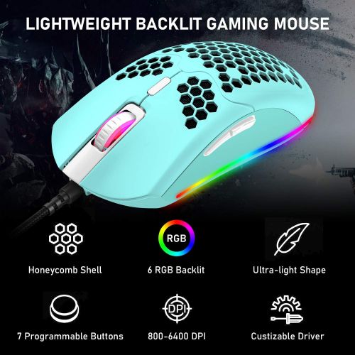  ZIYOU LANG Wired Lightweight Gaming Mouse,6 RGB Backlit Mouse with 7 Buttons Programmable Driver,6400DPI Computer Mouse,Ultralight Honeycomb Shell Ultraweave Cable Mouse for PC Gamers,Xbox,PS