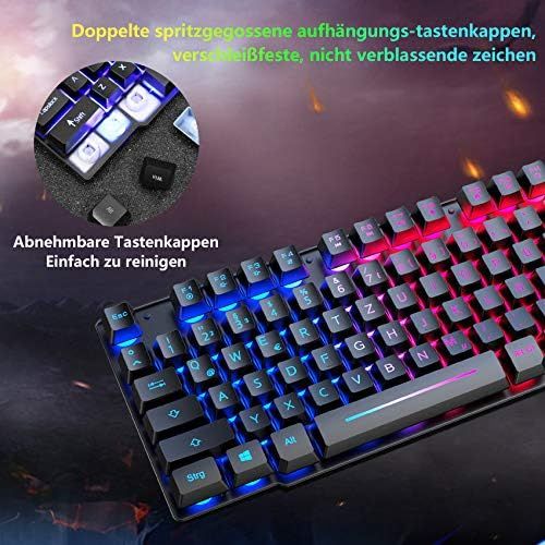  [아마존베스트]CROSS ZEBRA Gaming Keyboard and Mouse Set, QWERTZ German Layout Rainbow LED Backlight Ergonomic Keyboard 6 Buttons 2400 DPI Mouse and Mouse Pad, USB Wired, Compatible with PS4 XBox, Black