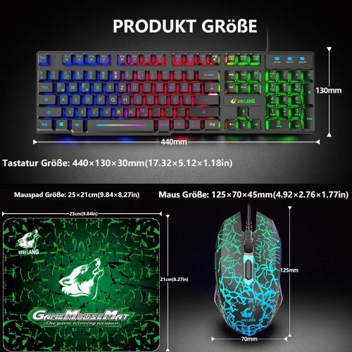  [아마존베스트]CROSS ZEBRA Gaming Keyboard and Mouse Set, QWERTZ German Layout Rainbow LED Backlight Ergonomic Keyboard 6 Buttons 2400 DPI Mouse and Mouse Pad, USB Wired, Compatible with PS4 XBox, Black