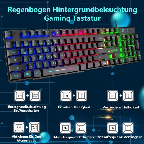  [아마존베스트]CROSS ZEBRA Gaming Keyboard and Mouse Set, QWERTZ German Layout Rainbow LED Backlight Ergonomic Keyboard 6 Buttons 2400 DPI Mouse and Mouse Pad, USB Wired, Compatible with PS4 XBox, Black