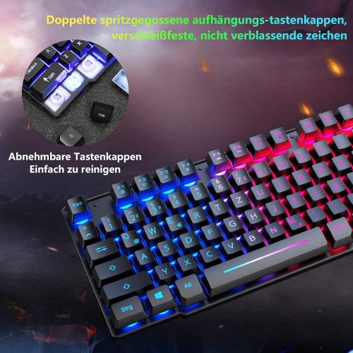  [아마존베스트]CROSS ZEBRA Gaming Keyboard and Mouse Set, QWERTZ German Layout Rainbow LED Backlight Ergonomic Keyboard 6 Buttons 2400 DPI Mouse and Mouse Pad, USB Wired, Compatible with PS4 XBox, Black