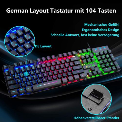  [아마존베스트]CROSS ZEBRA Gaming Keyboard and Mouse Set, QWERTZ German Layout Rainbow LED Backlight Ergonomic Keyboard 6 Buttons 2400 DPI Mouse and Mouse Pad, USB Wired, Compatible with PS4 XBox, Black