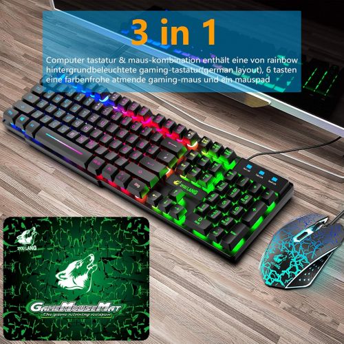  [아마존베스트]CROSS ZEBRA Gaming Keyboard and Mouse Set, QWERTZ German Layout Rainbow LED Backlight Ergonomic Keyboard 6 Buttons 2400 DPI Mouse and Mouse Pad, USB Wired, Compatible with PS4 XBox, Black