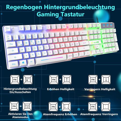  [아마존베스트]CROSS ZEBRA Gaming Keyboard and Mouse Set, QWERTZ German Layout Rainbow LED Backlight Ergonomic Keyboard 6 Buttons 2400 DPI Mouse and Mouse Pad, USB Wired, Compatible with PS4 XBox, White